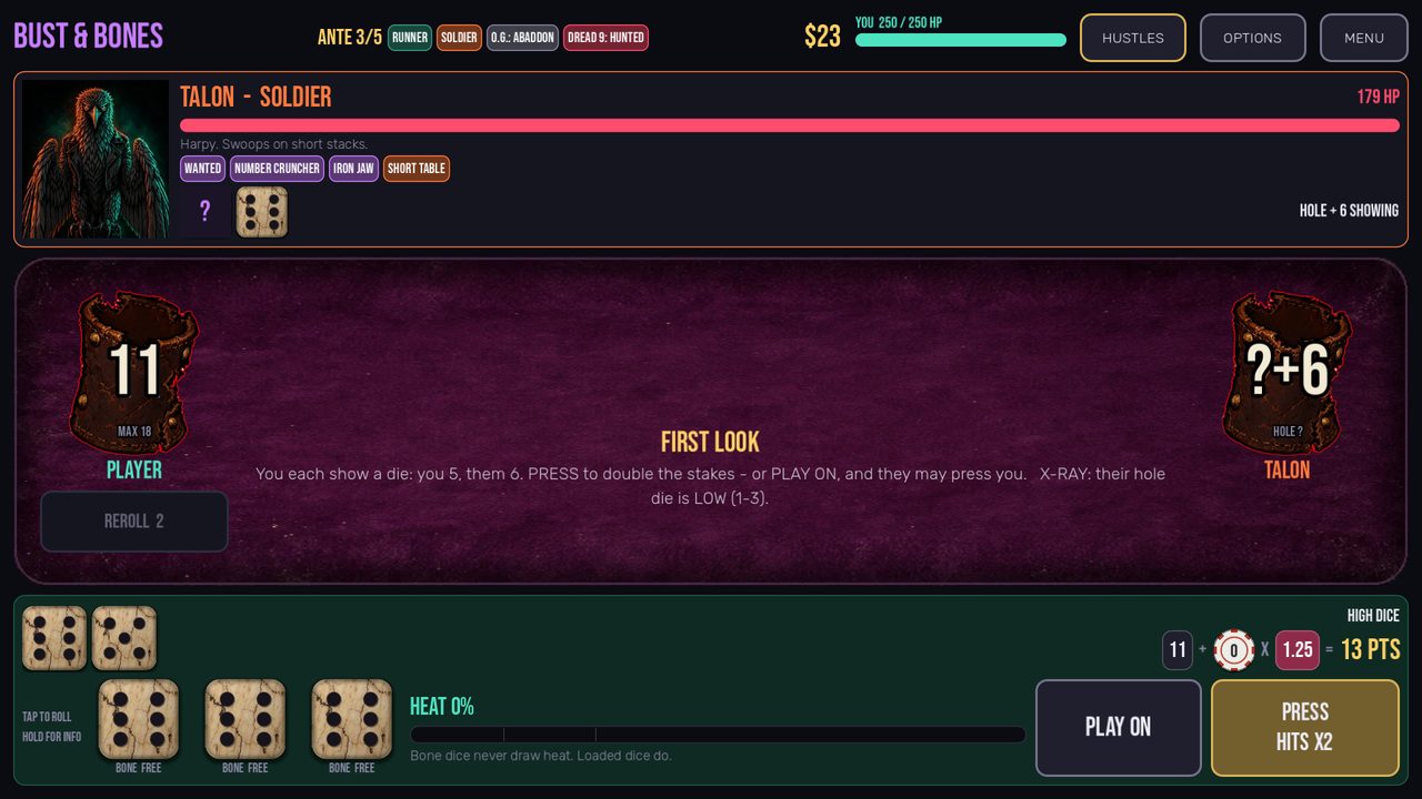 First look: both players show a die, hole dice face down